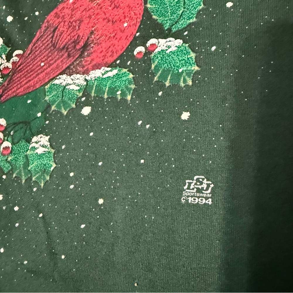 Vintage Cotton Grove Winter Holly Birds Green Shirt Size Large 1994 - Picture 3 of 7